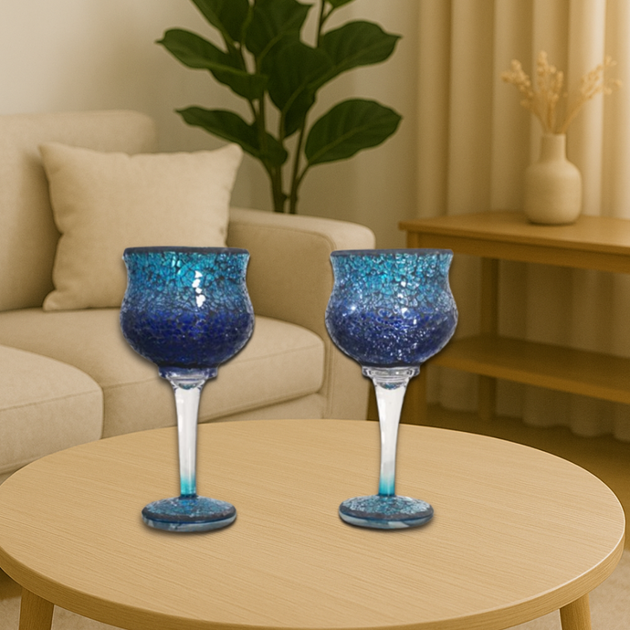 Mosaic Glass Candle Holder Set of TWO Goblets – Teal and Ocean Blue, 10