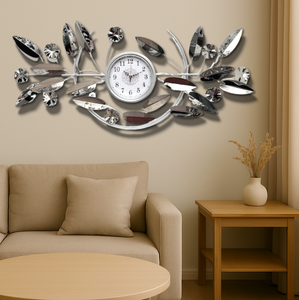 Wall Clock Art Clock Silver Wall Decoration, Creative Handmade Mute Non-Ticking Clock Stainless Steel Wall Clock with Silver Tinted Mirrors Leaf Design for Living Room, Bedroom, Office, Corridor