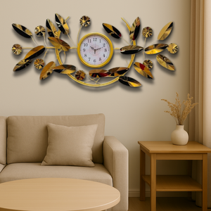Wall Clock Art Clock Gold Wall Decoration, Creative Handmade Mute Non-Ticking Clock Stainless Steel Wall Clock with Gold Tinted Mirrors Leaf Design for Living Room, Bedroom, Office, Corridor
