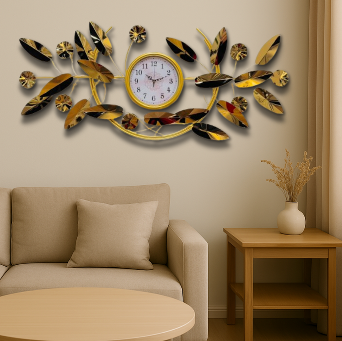 Wall Clock Art Clock Gold Wall Decoration, Creative Handmade Mute Non-Ticking Clock Stainless Steel Wall Clock with Gold Tinted Mirrors Leaf Design for Living Room, Bedroom, Office, Corridor