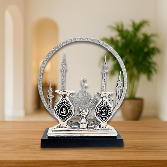 Silver Islamic Table Decor with Mosque and Calligraphy – Islamic Art Ornament for Home or Office Decor