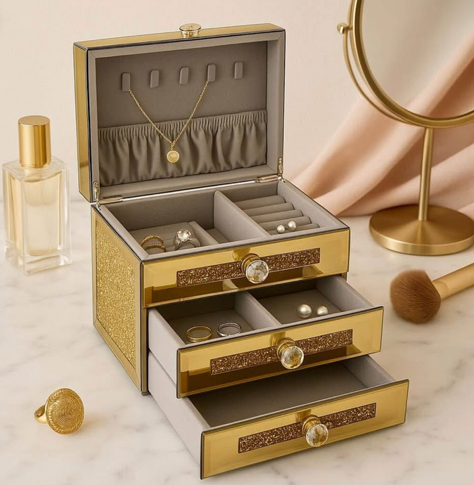 Jewelry Box Fashion Beauty Suitcase Accessory Mirrored Glass Storage Box Cases Portable in Gold Crushed Crystals