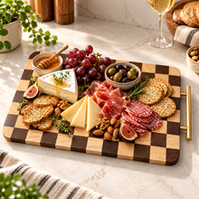 Wooden Charcuterie Board with Metal Handle – Checkered Cutting Board, Decorative Cheese & Meat Serving Platter, Wooden Appetizer Tray, Kitchen & Dining Table Serving Board