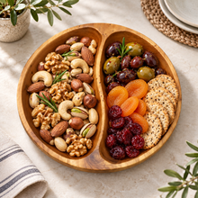 Wooden Divided Serving Tray – Round 2-Compartment Snack Bowl, Natural Wood Appetizer Platter, Nuts & Candy Serving Dish, Decorative Food Tray for Kitchen & Dining Table
