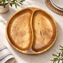 Wooden Divided Serving Tray – Round 2-Compartment Snack Bowl, Natural Wood Appetizer Platter, Nuts & Candy Serving Dish, Decorative Food Tray for Kitchen & Dining Table