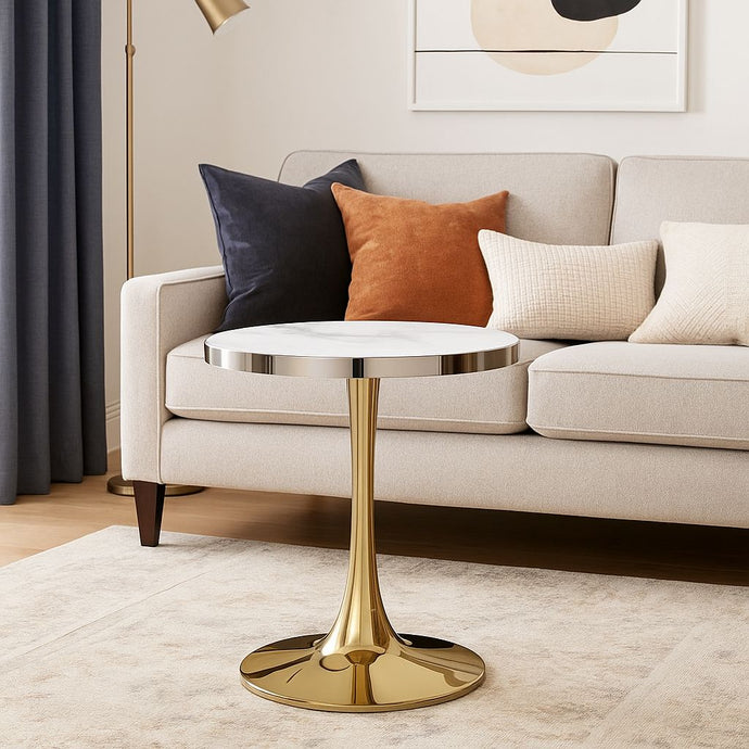 Side Table Gold Breakfast Table with White Marble-look Glass Top Luxury Looking End Table Round Large Table for Living Room Kitchen Dining Table with Metal Frame Base