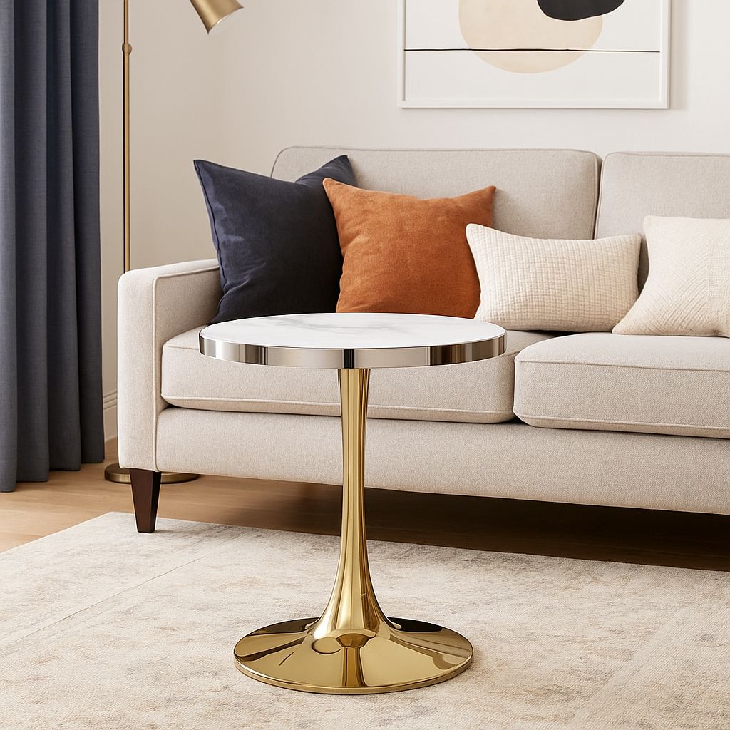 Side Table Gold Breakfast Table with White Marble-look Glass Top Luxury Looking End Table Round Large Table for Living Room Kitchen Dining Table with Metal Frame Base