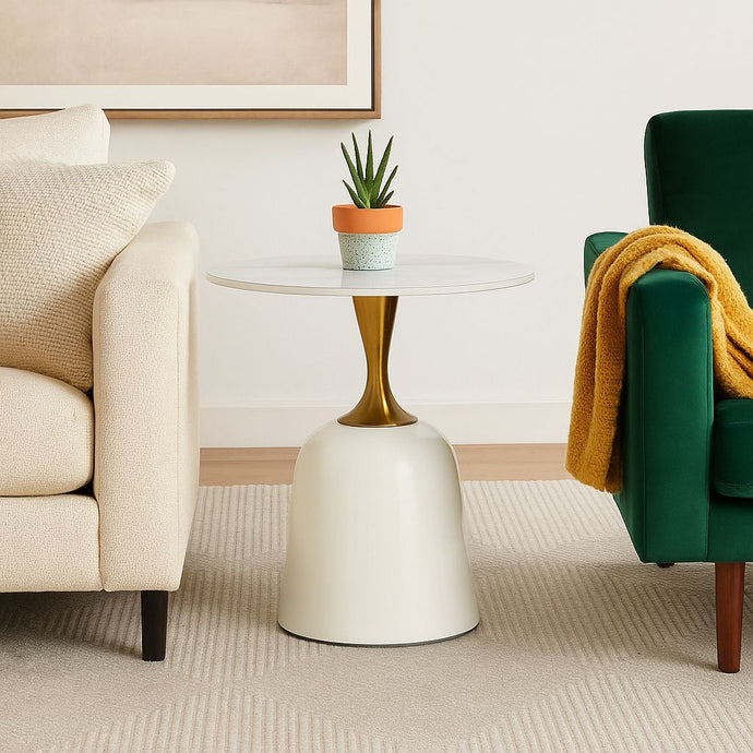 Side Table White and Gold Table with White Marble Top Luxury Looking End Table Round Table for Living Room Kitchen Dining Table with Metal Frame Base