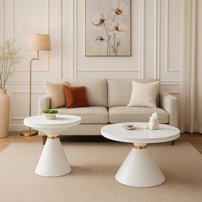 SET OF TWO Side Tables White with Gold Marble Top Luxury Looking Coffee Table Round Large Cone Shape Table for Living Room, Bedroom, Office Tables with Metal Frame Base