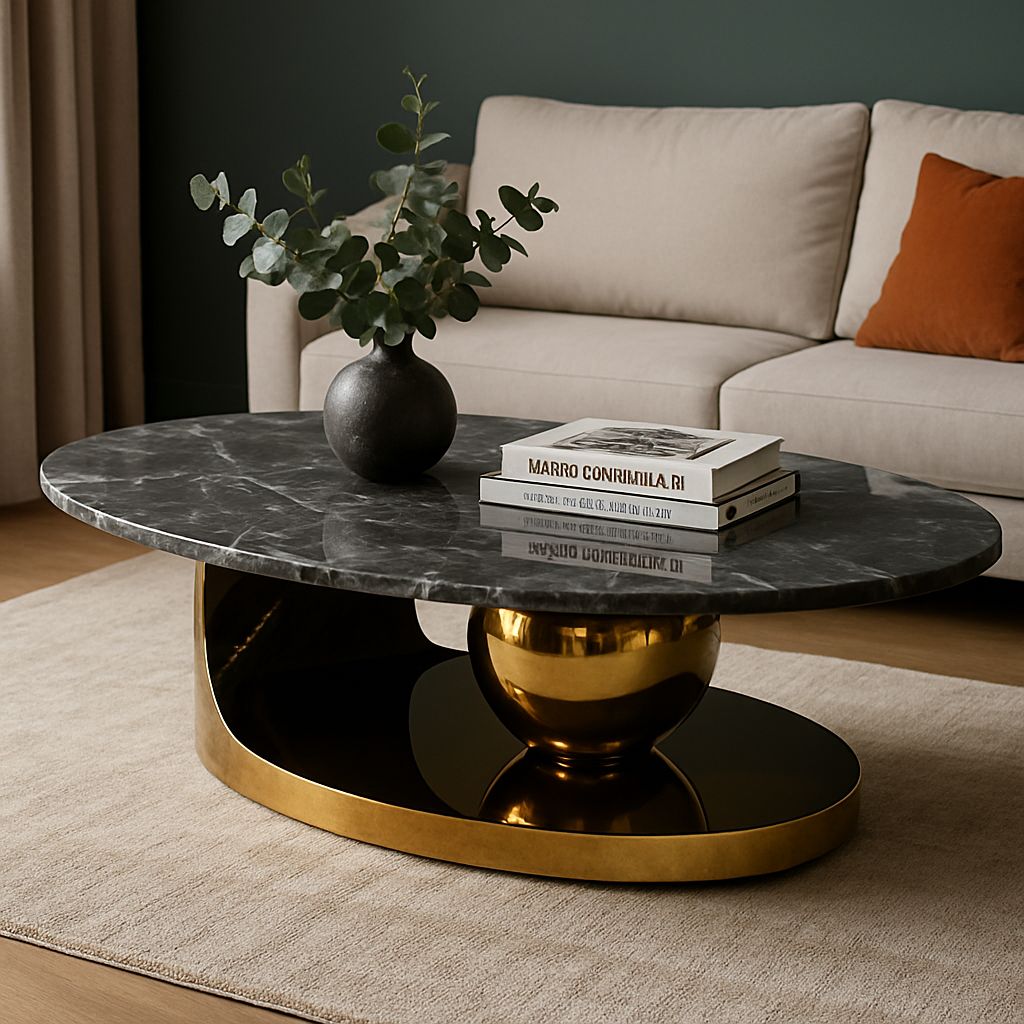 Luxury Black Marble Coffee Table with Gold Base | Modern Oval Stainless-Steel Design
