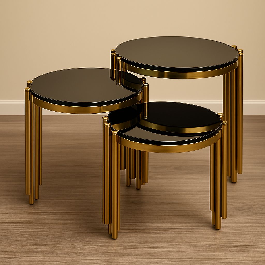 Set of 3 Black Glass Nesting Tables | Luxury Gold Stainless-Steel Frame Design
