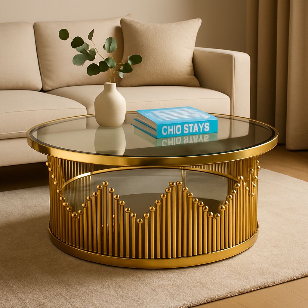 Round Gold Coffee Table with Glass Top | Luxury Stainless-Steel Base Design