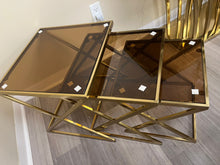 Set of 3 Gold Nesting Side Tables with Black Glass Tops | Luxury Stainless-Steel Design