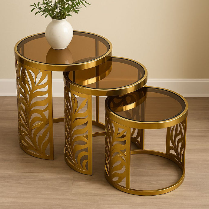 Set of 3 Bronze Nesting Side Tables | Luxury Stainless-Steel with Tinted Glass Tops