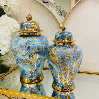 Ginger Jar Large with Lid in Gold and Blue Ceramic Marble Look Ginger Jar for Living Room or Kitchen Decoration (ONE PIECE INCLUDED)