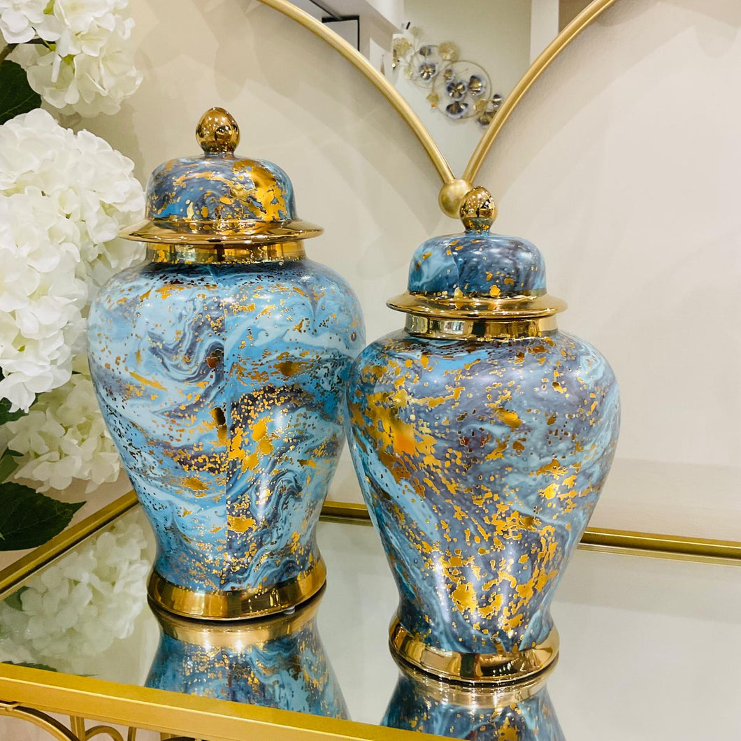 Ginger Jar Medium with Lid in Gold and Blue Ceramic Marble Look Ginger Jar for Living Room or Kitchen Decoration (ONE PIECE INCLUDED)