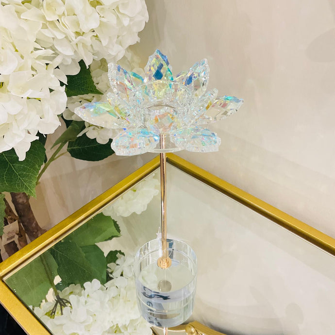 Candle Holder Crystal Lotus Hallow Design Luxury Decorated for Tabletop in Crystal and Gold Colour