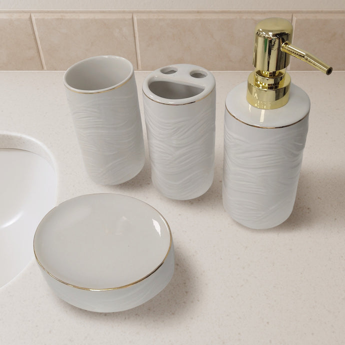 4-Piece White and Gold Ceramic Bathroom Accessories Set Line Design — Soap Dispenser, Toothbrush Holder, Cup & Soap Dish