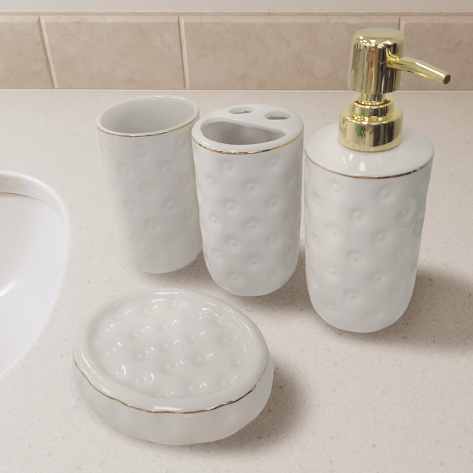 4-Piece White and Gold Ceramic Bathroom Accessories Set Dotted Design — Soap Dispenser, Toothbrush Holder, Cup & Soap Dish