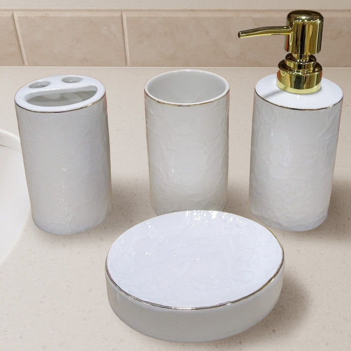 4-Piece White and Gold Ceramic Bathroom Accessories Set Wrinkle Design — Soap Dispenser, Toothbrush Holder, Cup & Soap Dish