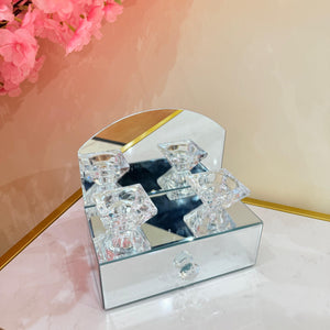 Crystal Glass Jewelry Box in SILVER with Candle Holders – Luxury Mirrored Vanity Organizer with Drawer & Diamond Knobs – Elegant Decorative Storage for Jewelry, Makeup, and Candles