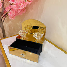 Crystal Glass Jewelry Box in GOLD with Candle Holders – Luxury Mirrored Vanity Organizer with Drawer & Diamond Knobs – Elegant Decorative Storage for Jewelry, Makeup, and Candles