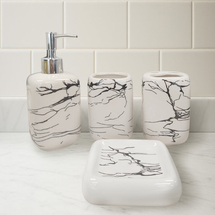 4-Piece White Ceramic Bathroom Accessories Set — Black Marble Look with Soap Dispenser, Toothbrush Holder, Cup & Soap Dish