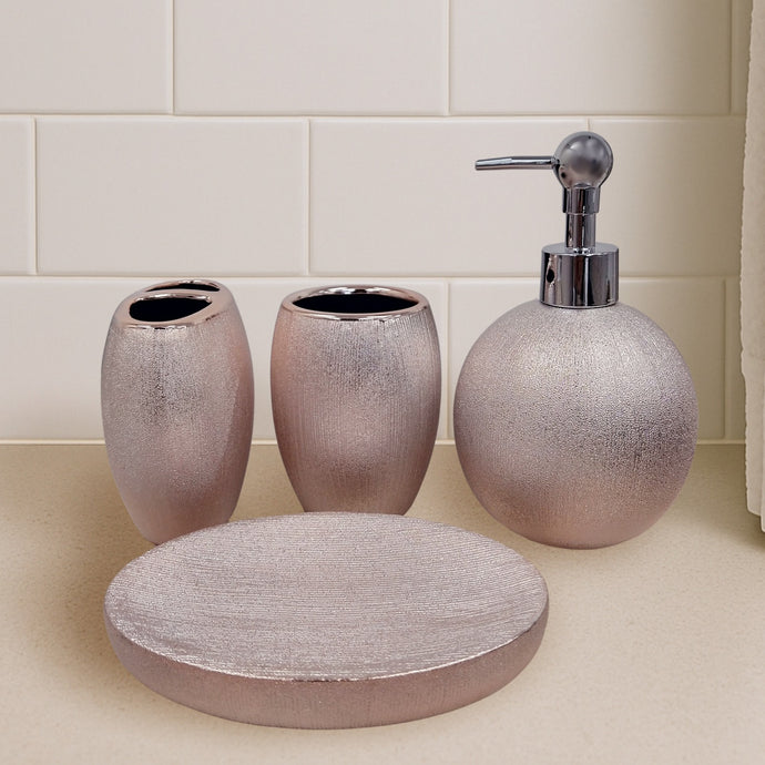 4-Piece Pink Mosaic Bathroom Accessories Set — Glossy Ceramic Bathroom Set with Soap Dispenser, Toothbrush Holder, Cup & Soap Dish