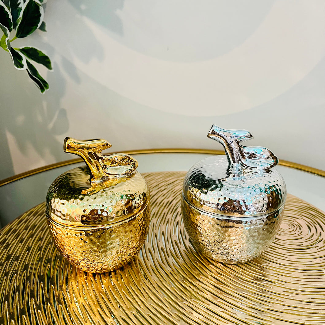 Apple Ceramic with Lid Jar Small Storage Centre Piece in Gold OR Silver