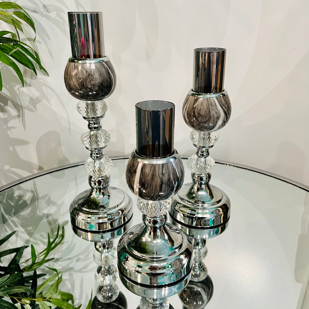 Candle Holders in Grey, Black & Silver with Crystals (Select Size Below)