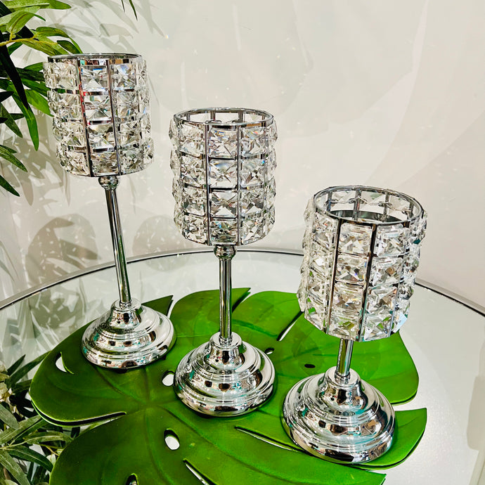 Candle Holder Decorated with Crystals for Tabletop in Silver (Select Size Below)