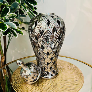 Ginger Jar Large with Lid in Silver Ceramic for Living Room or Kitchen Decoration