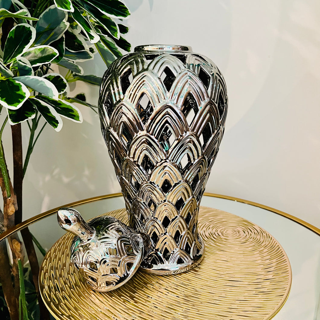Ginger Jar Large with Lid in Silver Ceramic for Living Room or Kitchen Decoration