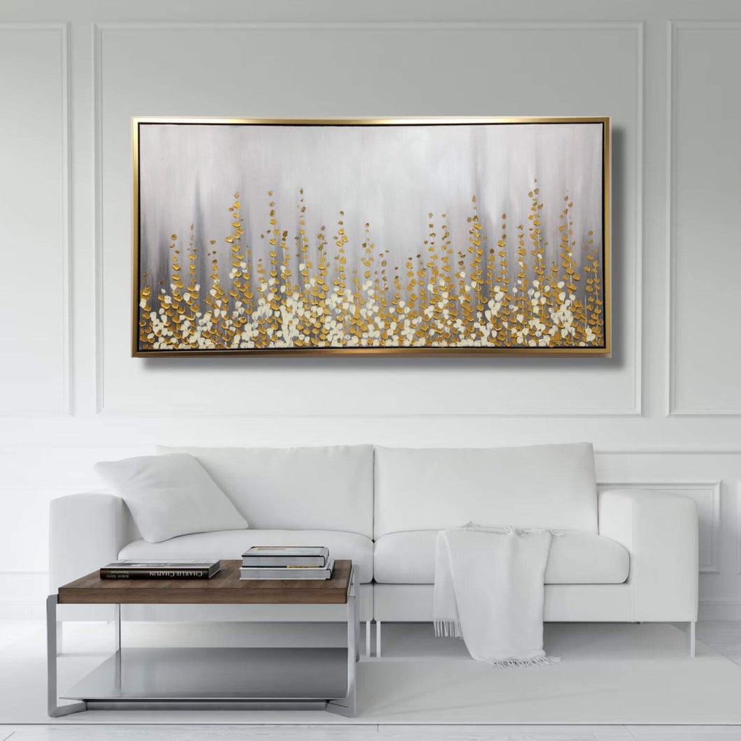 Handmade Oil Painting Large Textured Modern Abstract Stretched Canvas with Extra Golden Floating Frame