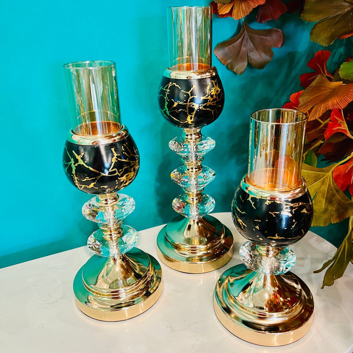 Crystal Candle Holder in Gold and Black  – Elegant Metal Candlestick for Home Décor with Removable Golden Glass (ONE PIECE INCLUDED - Multiple Sizes Available)