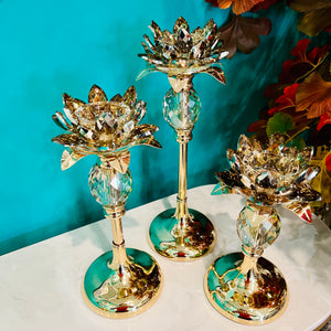 Candle Holder Luxury Crystal Hallow Lotus Decorated for Tabletop in Gold (Select Size Below)