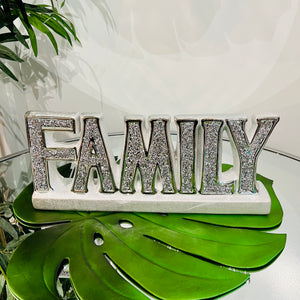 FAMILY Letter Sign Centre Piece in Gold/Silver Ceramic for Table Top with Crushed Crystals
