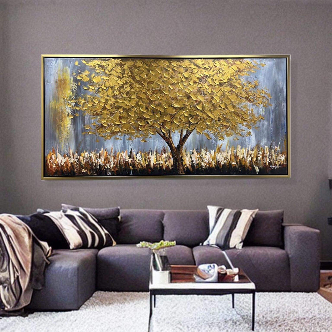 Handmade Oil Painting Large Golden Textured Flowers Stretched Canvas with Extra Golden Floating Frame