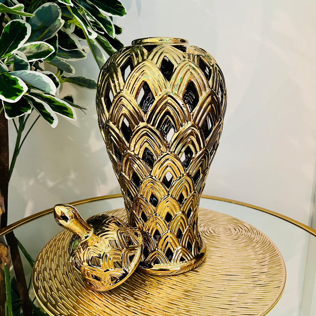 Ginger Jar Large with Lid in Gold Ceramic for Living Room or Kitchen Decoration