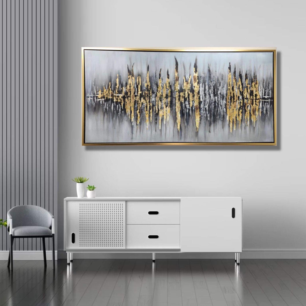 Handmade Oil Painting Large Textured Modern Abstract Stretched Canvas with Extra Golden Floating Frame