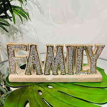 FAMILY Letter Sign Centre Piece in Gold/Silver Ceramic for Table Top with Crushed Crystals