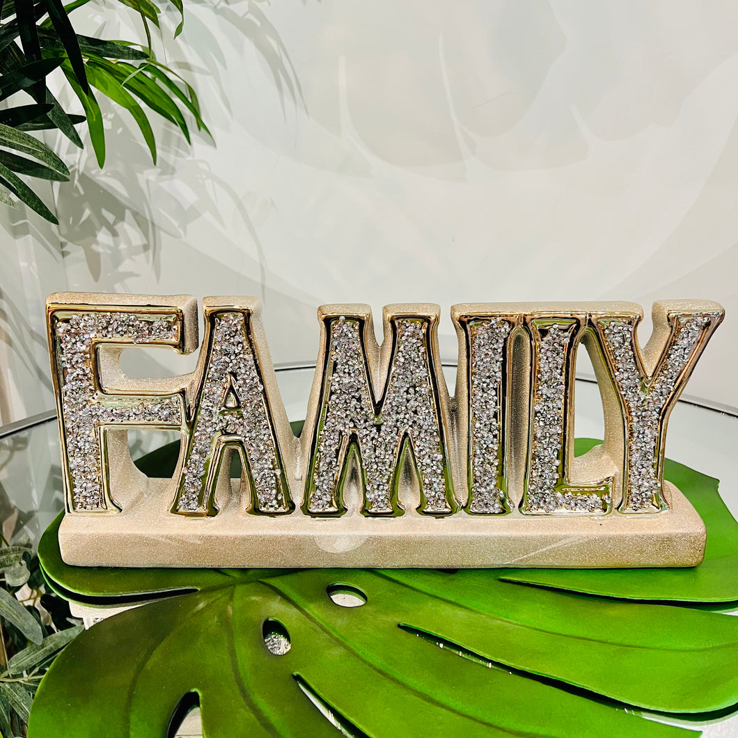 FAMILY Letter Sign Centre Piece in Gold/Silver Ceramic for Table Top with Crushed Crystals