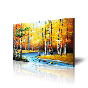 Handmade Oil Painting of Landscape with Tree Trunks on Stretched Canvas