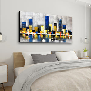 Huge Abstract Handmade Oil Painting of Building on Stretched Canvas in Colors