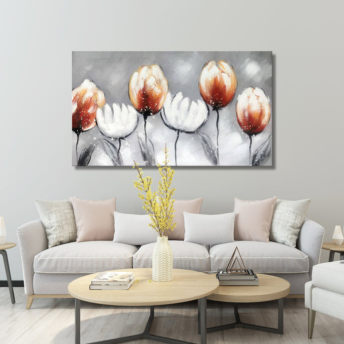 Handmade Oil Painting on Stretched Canvas of Orange Tulip Flowers
