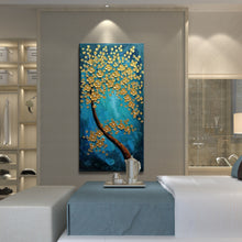 Handmade Oil Painting of GoldenTree with Teal Background on Stretched Canvas