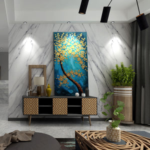 Handmade Oil Painting of GoldenTree with Teal Background on Stretched Canvas