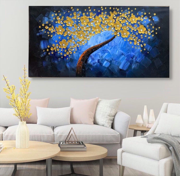 Handmade Oil Painting of GoldenTree with Royal Blue Background on Stretched Canvas