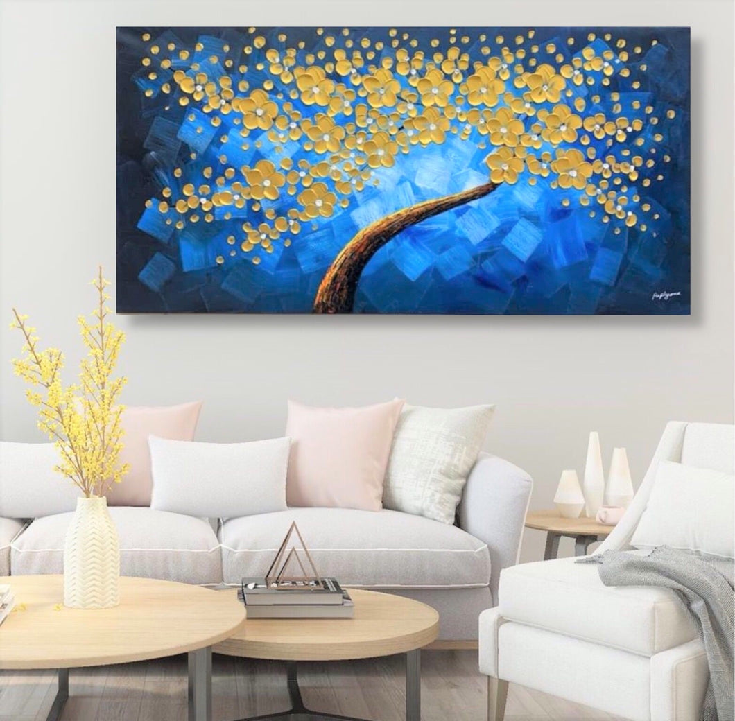 Handmade Oil Painting of GoldenTree with Light Blue Background on Stretched Canvas