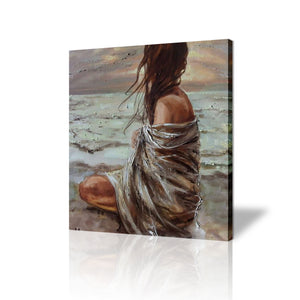 Large Premium Quality 100% Handmade Oil Painting of a Lady on Seashore on Canvas